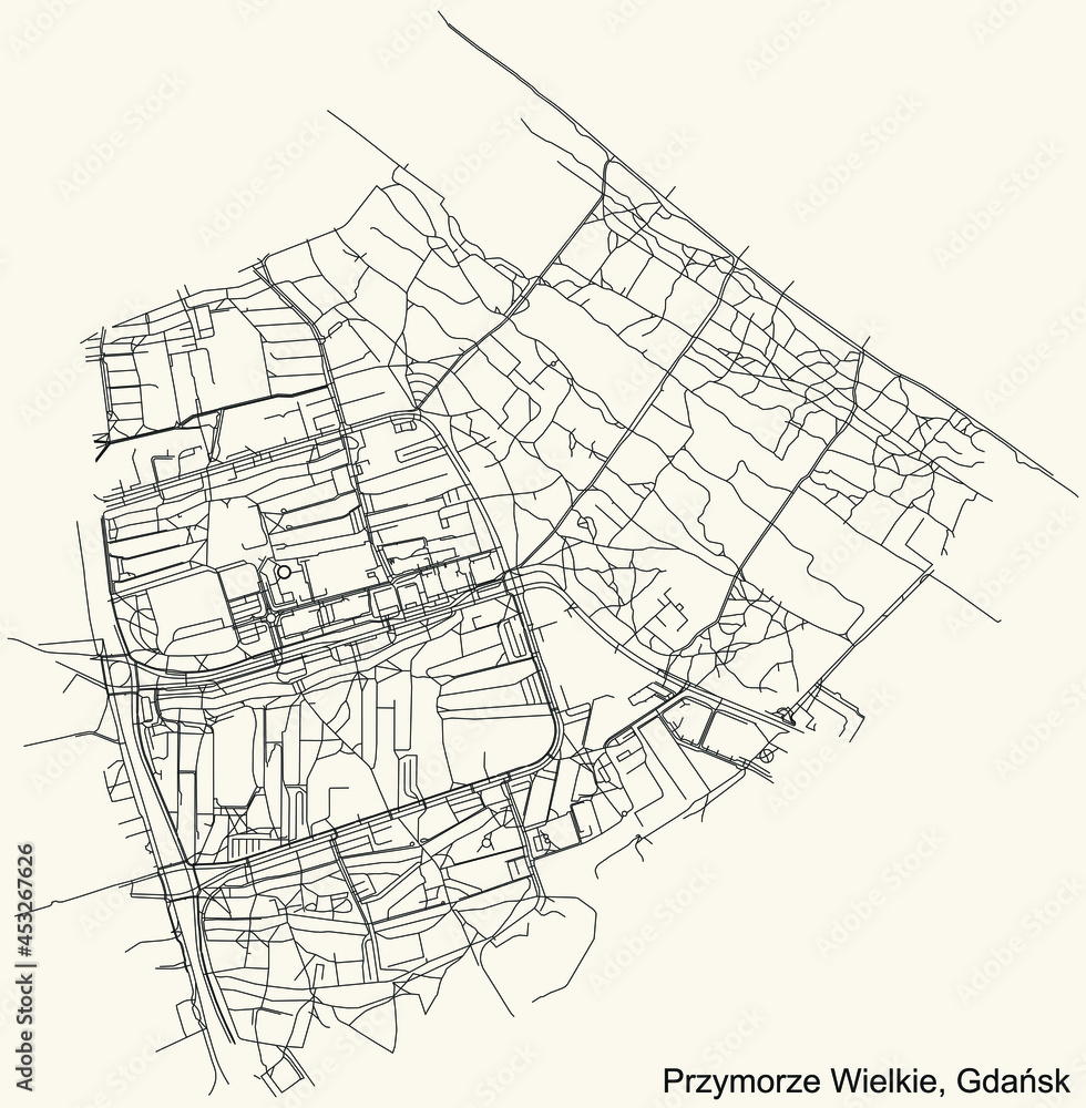Black simple detailed street roads map on vintage beige background of the quarter Przymorze Wielkie district of  Gdansk, Poland