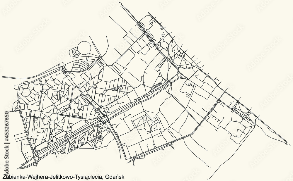 Black simple detailed street roads map on vintage beige background of the quarter Żabianka-Wejhera-Jelitkowo-Tysiąclecia district of  Gdansk, Poland