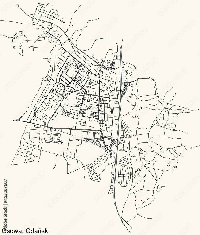 Black simple detailed street roads map on vintage beige background of the quarter Osowa district of  Gdansk, Poland