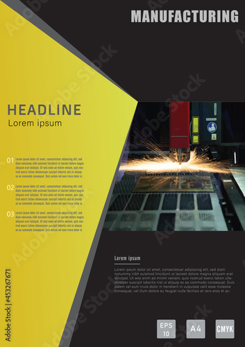 Industrial manufacturing template design in A4 size. Fiber laser cutting manufacturer business report leaflet book cover and brochure. Vector and illustration design.