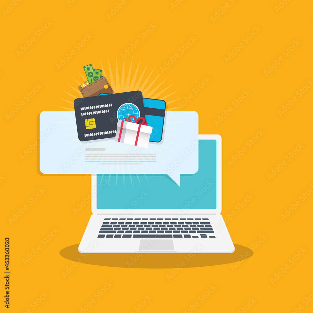 Laptop notification with gift box, money, present and cash. Online award or bonus achievement as giveaway. Laptop notification with gift box, money, present and cash. Online award or bonus achievement as giveaway.