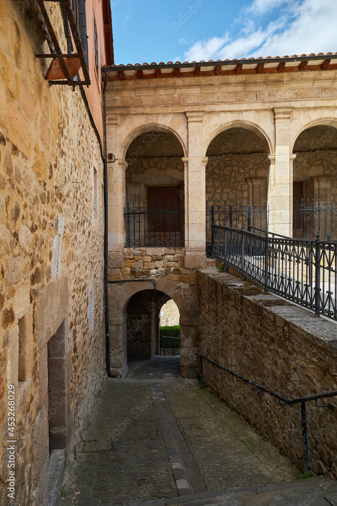 Roman arch of the Jewish quarter next to the church of Medina of Pomar. Burgos. Spain