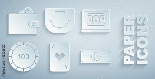 Set Playing card with heart, Laptop and slot machine, Casino chips, Stacks paper money cash, Poker table and Wallet icon. Vector