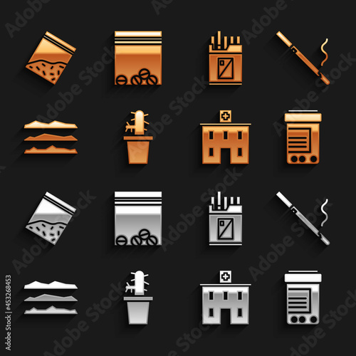 Set Cactus peyote in pot, Cigarette, Medicine bottle and pills, Medical hospital building, Cocaine or heroin drug, Open cigarettes pack box, Plastic bag of and icon. Vector
