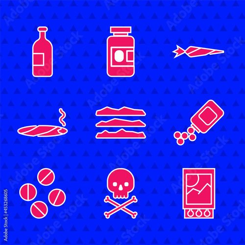 Set Cocaine or heroin drug, Skull on crossbones, Open matchbox and matches, Medicine bottle pills, tablet, Cigar with smoke, Marijuana joint and Alcohol drink icon. Vector