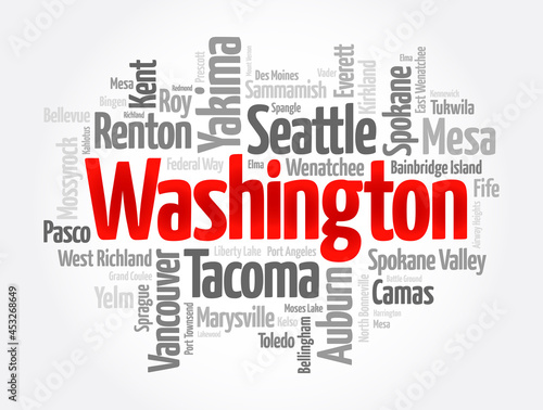 List of cities in Washington USA state, word cloud concept background