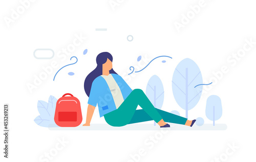 Girl resting in the park, leisure tourism, social networks set of icons, illustration. Smartphones tablets user interface social media.Flat illustration Icons infographics. Landing page site print