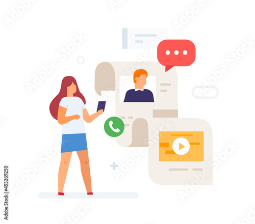 Girl scrolls through social networks, smartphone traffic illustration. Smartphones tablets user interface social media.Flat illustration Icons infographics. Landing page site print poster.