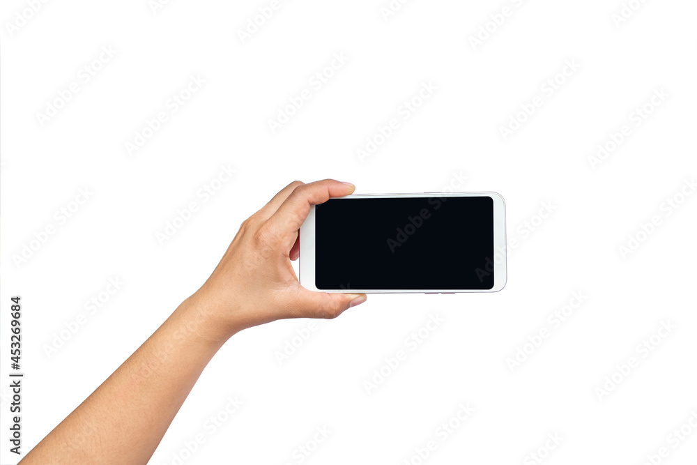 hand holding black screen mobile phone isolated on white background with the clipping path. hand holding black screen mobile phone isolated on white background with the clipping path.