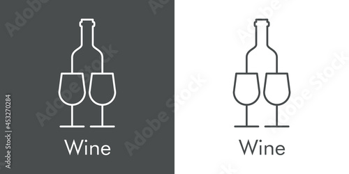 Logotipo con texto Wine con silueta de botella de vino y 2 copas de cristal con lineas en fondo gris y fondo banco