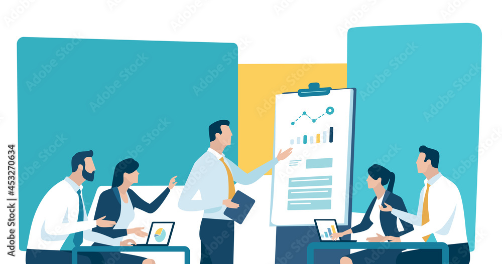 Presentation, education, learning business illustration. The business team listens to the teacher, leader. Presentation, education, learning business illustration. The business team listens to the teacher, leader.