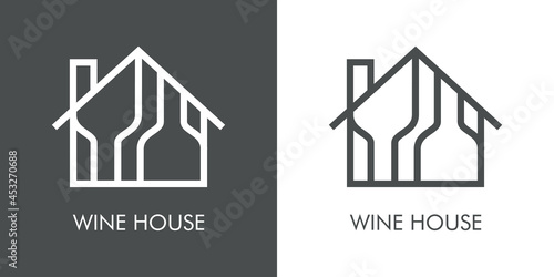 Logotipo con texto Wine House con silueta de botella de vino en casa con lineas en fondo gris y fondo blanco