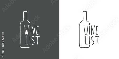 Logotipo con texto Wine List en caligrafía a mano con silueta de botella de vino con lineas en fondo gris y fondo banco