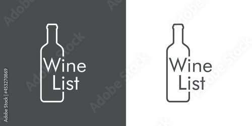 Logotipo con texto Wine List en silueta de botella de vino con lineas en fondo gris y fondo banco