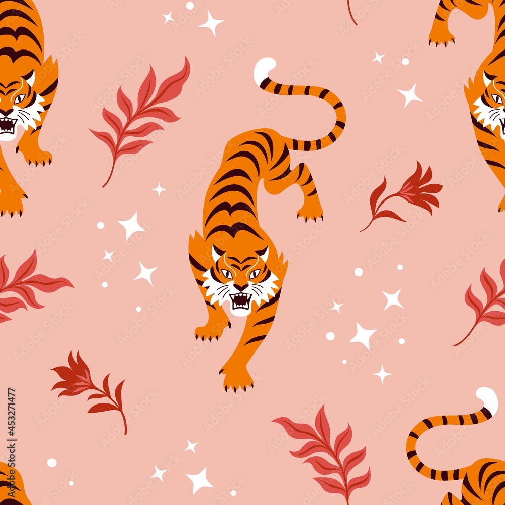 Creeping Tiger pattern. Vector seamless pattern with a cartoon roaring tiger, leaves, flowers and stars on pink background 