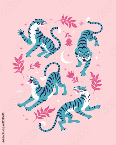 Blue Roaring Tigers collection. Vector illustration of four cartoon tigers in different actions, surrounded by pink leaves and flowers. Isolated on light pink background
