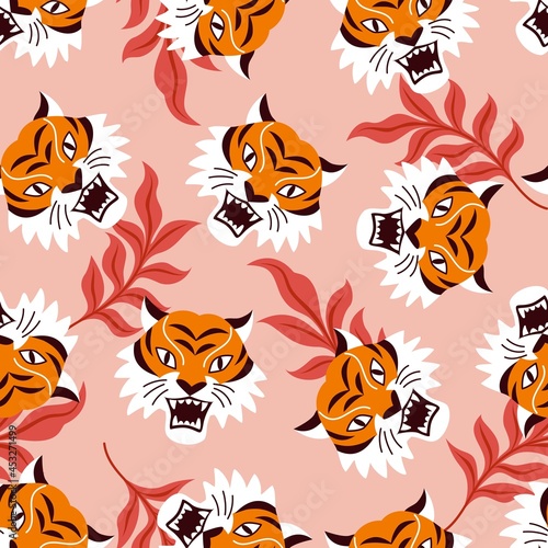 Asian Tiger pattern. Vector seamless pattern with a cartoon roaring tiger face and leaves on a pink background 