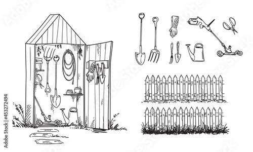 Fotografia Garden shed and set of geardening tools and lawn mower, vector sketch