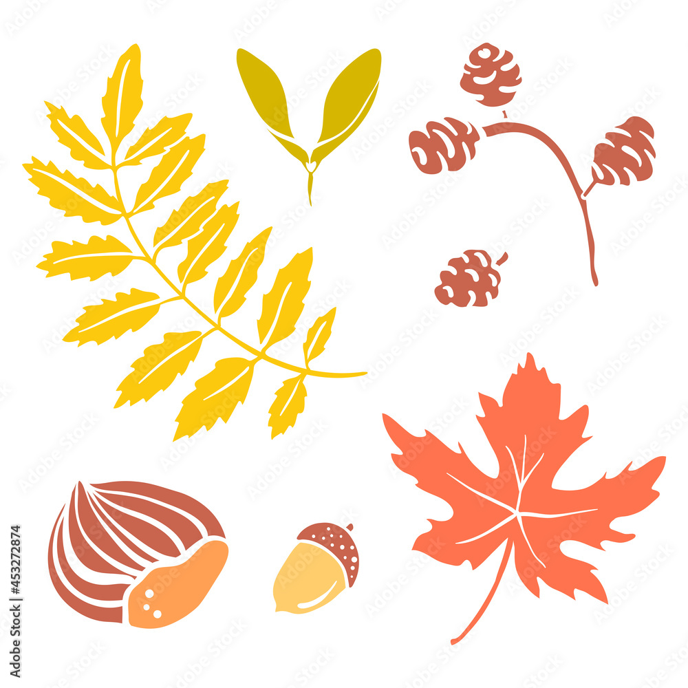 Colorful paper cut autumn leaves and fruits collection isolated on white background. Doodle hand drawn icons. Vector illustration.	