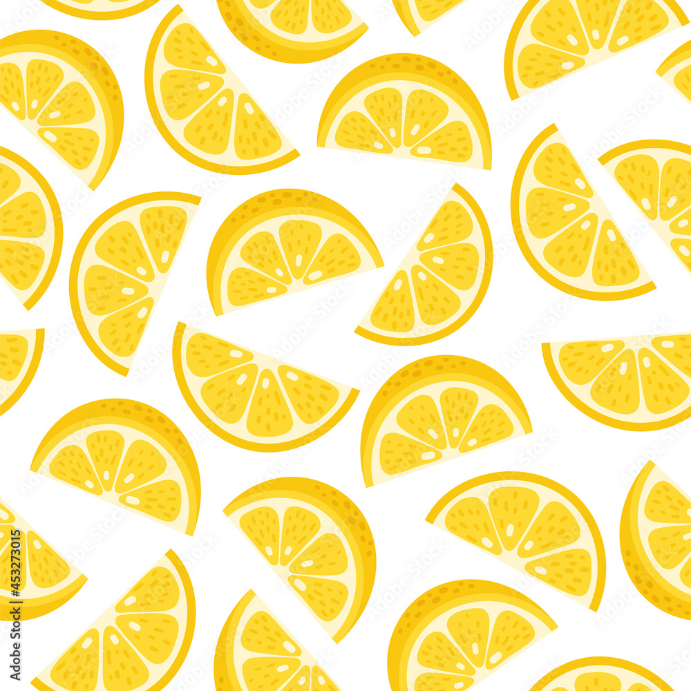 Cute Vector Lemon Hand drawn seamless pattern. Cartoon tropical fruit slice, fresh yellow sliced lemons print on white background. Lemonade repeat texture for wallpaper, fabric design, paper, textile