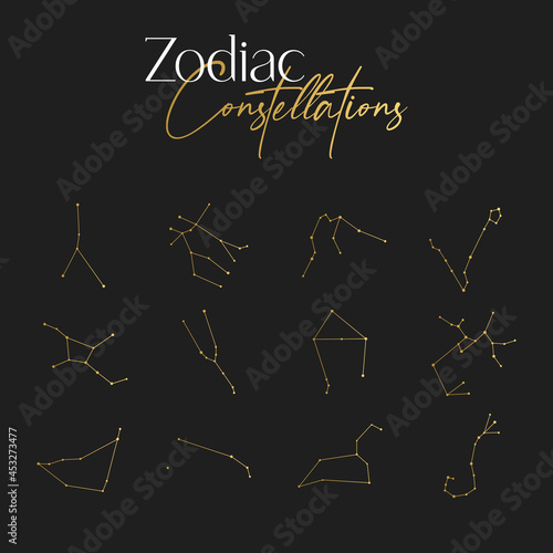 Set of gold Zodiac constellations : Aries, Taurus, Gemini, Cancer, Leo, Virgo, Libra, Scorpio, Sagittarius, Capricornus, Aquarius, Pisces. Line zodiac vector. Tattoo style.	