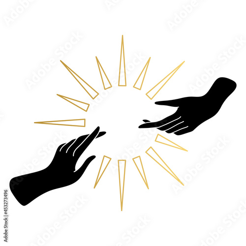 Woman hands with the sun. Wicca, alchemy, mystical, magic, celestial, esoteric, sacred, spiritual, occultism inspired concept. Witch hands. Hand drawn vector