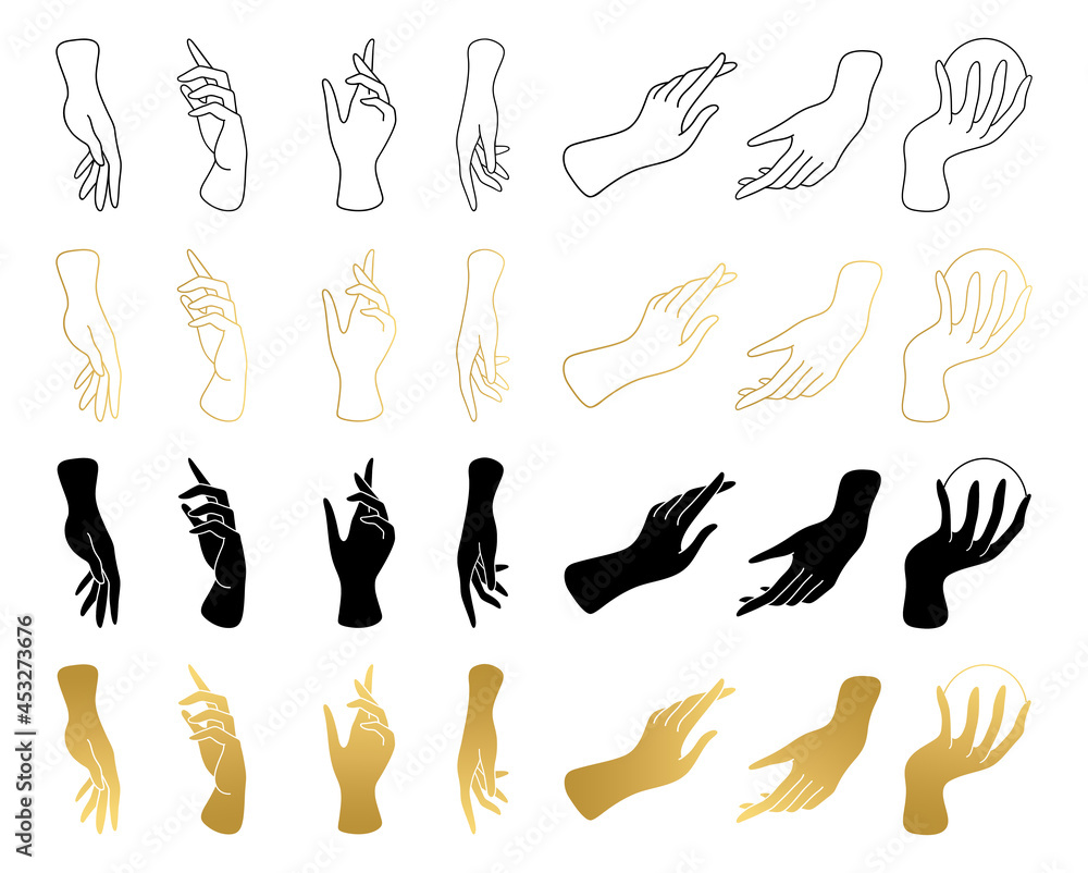 Woman hands silhouette. Set of elegant female hands in a minimal flat style. Collection of different gestures. Logos for cosmetics, jewelry, beauty products, spa, manicure. Hand drawn boho vector. Woman hands silhouette. Set of elegant female hands in a minimal flat style. Collection of different gestures. Logos for cosmetics, jewelry, beauty products, spa, manicure. Hand drawn boho vector.