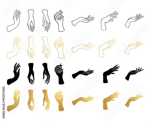 Woman hands silhouette. Set of elegant female hands in a minimal flat style. Collection of different gestures. Logos for cosmetics, jewelry, beauty products, spa, manicure. Hand drawn boho vector.