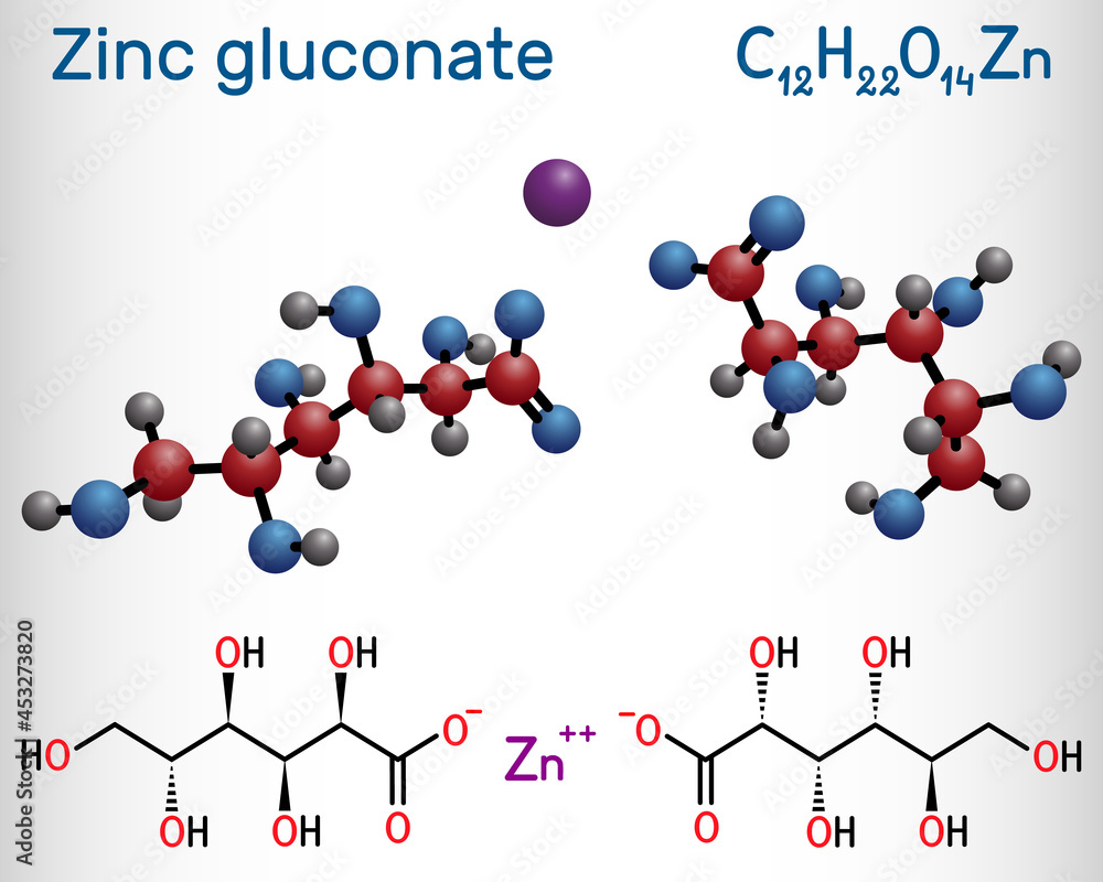 Vecteur Stock Zinc gluconate molecule. It is ionic compound, zinc salt