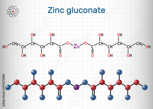 Zinc gluconate molecule. It is ionic compound, zinc salt of gluconic acid, trace mineral supplement. Structural chemical formula and molecule model. Sheet of paper in a cage