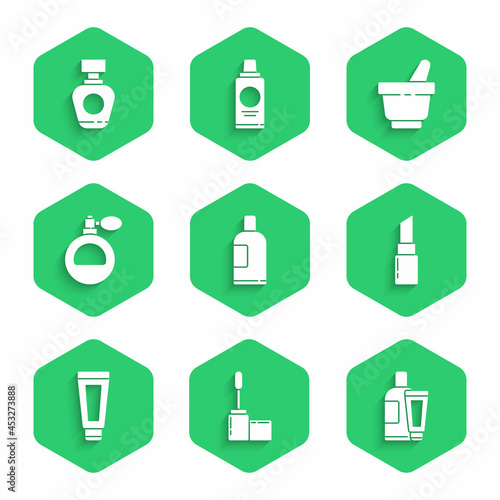 Set Bottle of shampoo, Mascara brush, Cream or lotion cosmetic tube, Lipstick, Perfume, Mortar and pestle and icon. Vector