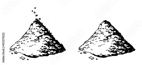 Powder heap set sketch in vector illustration. Grain, salt, coffee, sugar flour handful. Engraved doodle style isolated on white background 