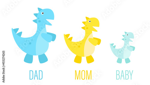 Dinosaur family on a white background. Dad  mom  baby. Blue  yellow  blue. Lettering. Vector graphics. Tyrannosaurus rex  Jurassic period. Design for books  notebooks  notebooks  textiles.