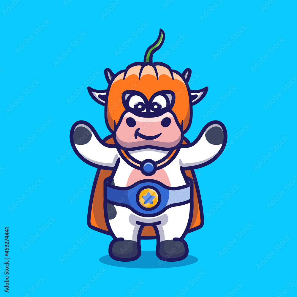 cute halloween cow pumpkin superhero illustration