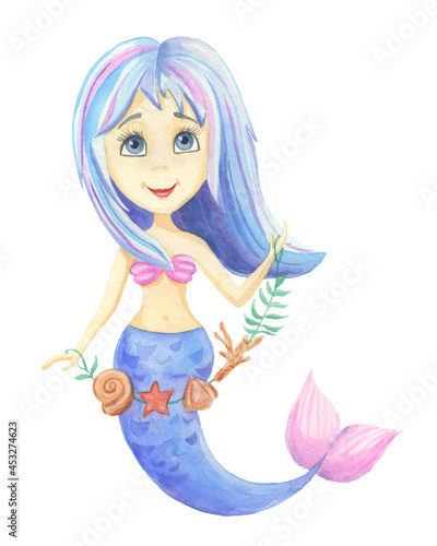 Beautiful fairytale girl mermaid hand drawn watercolor on white background