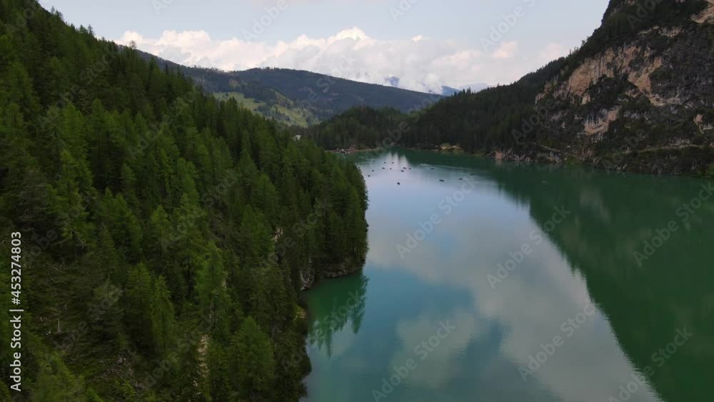 Drone panoramic view of Lake Braies and the forest in the Italian Alps. Dolomite Mountains Trentino-alto Adige Italian Alps Drone panoramic view of Lake Braies and the forest in the Italian Alps. Dolomite Mountains Trentino-alto Adige Italian Alps