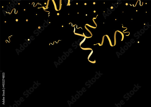 Yellow Streamer Swirl Vector Black Background.