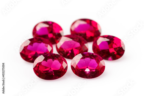 Red Ruby gemstone Round Cutisolated on white background, close up shot
