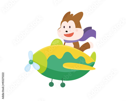 Cute dog flying an airplane with scarf fluttering. Funny pilot flying on planes. Cartoon illustration isolated on a white background
