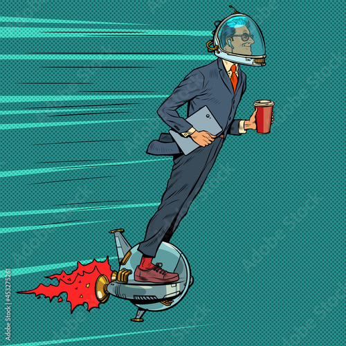 Futuristic businessman astronaut is flying on an electric unicycle, a man is drinking morning coffee