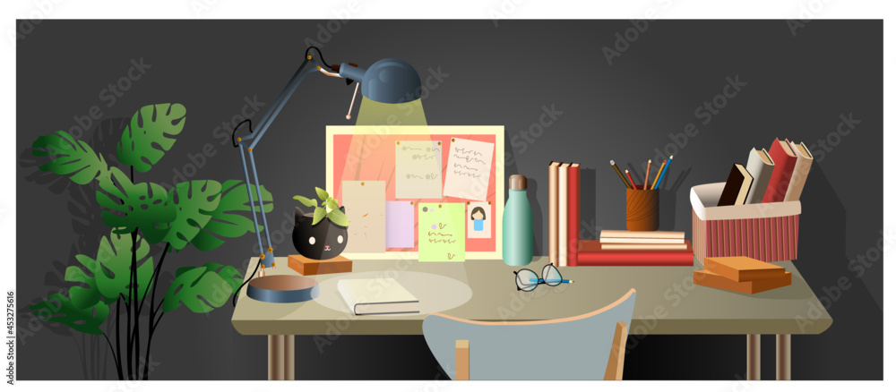 Vector illustration of the modern workplace in a room. study room interior. Desktop with table, lamp, bookshelves, board, box, chair, house plant.