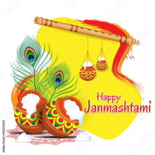 Happy Janmashtami festival poster template design with dahi handi and peacock feather.