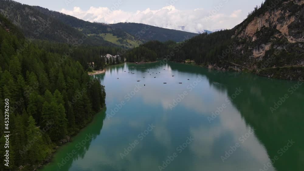 Drone panoramic view of Lake Braies and the forest in the Italian Alps. Dolomite Mountains Trentino-alto Adige Italian Alps Drone panoramic view of Lake Braies and the forest in the Italian Alps. Dolomite Mountains Trentino-alto Adige Italian Alps