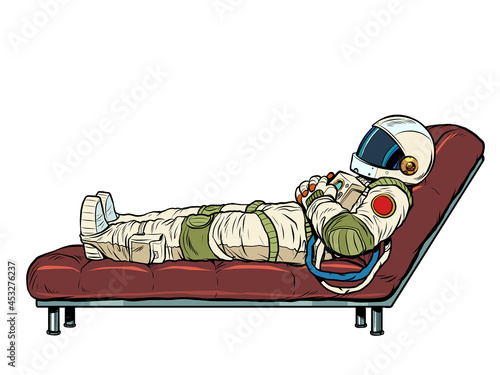 astronaut patient in a psychotherapy session, the patient is lying on the couch