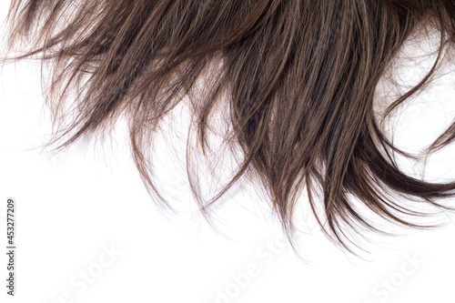 Lock of dark brunette straight hair care or extension concept