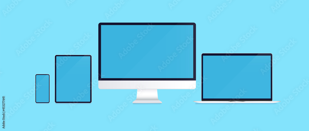 Devices with empty screens template. Realistic vector illustrations of unbranded smartphone, tablet, desktop and laptop on blue background. For use in mockups and presentations.