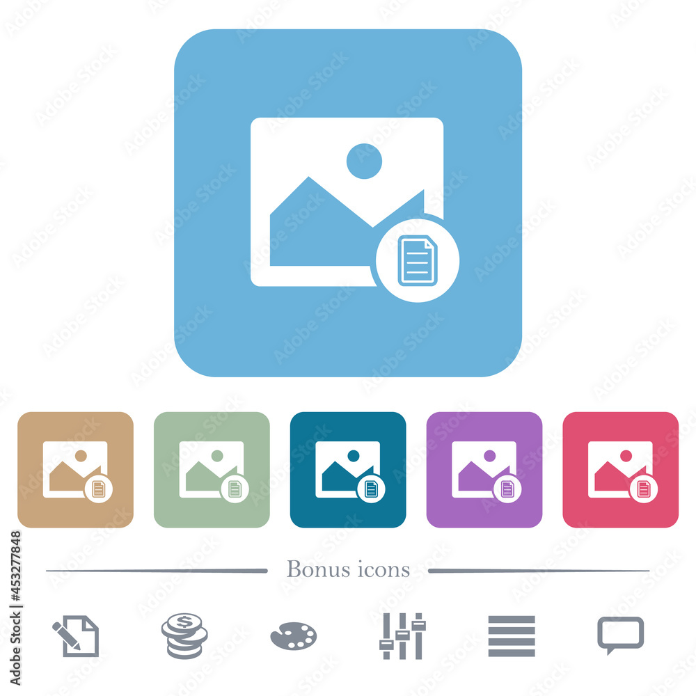 Image properties flat icons on color rounded square backgrounds Image properties flat icons on color rounded square backgrounds