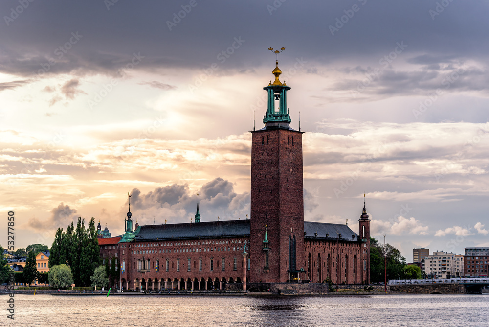 The Town Hall of Stockholm at sunset during rain