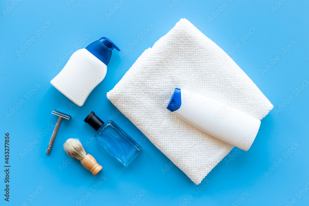Fototapeta premium Cosmetic care products for men. Flat lay, top view