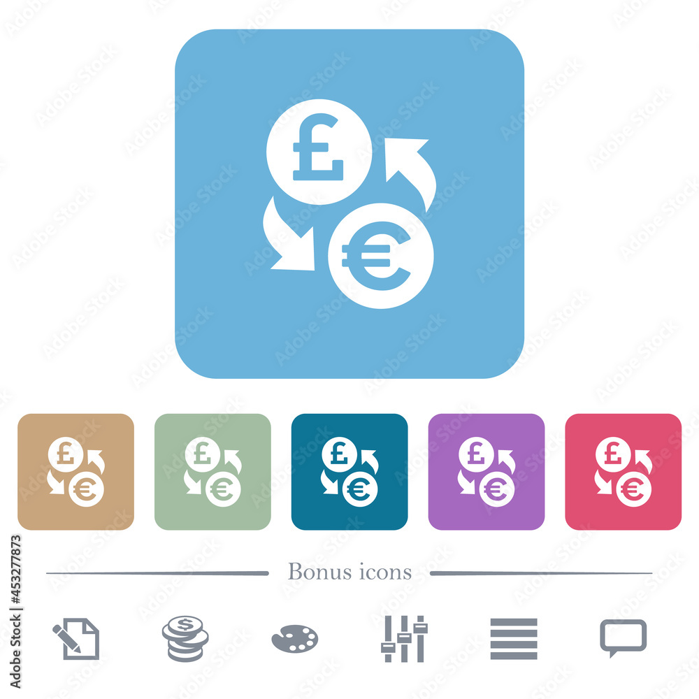 Pound Euro money exchange flat icons on color rounded square backgrounds Pound Euro money exchange flat icons on color rounded square backgrounds